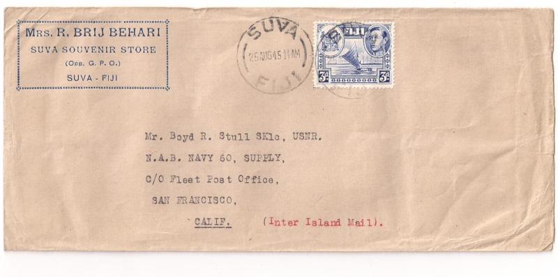 WORLD WAR II HISTORY FIJI #122 Inter Island Mail 2 the Solomons 1945 WAR'S END