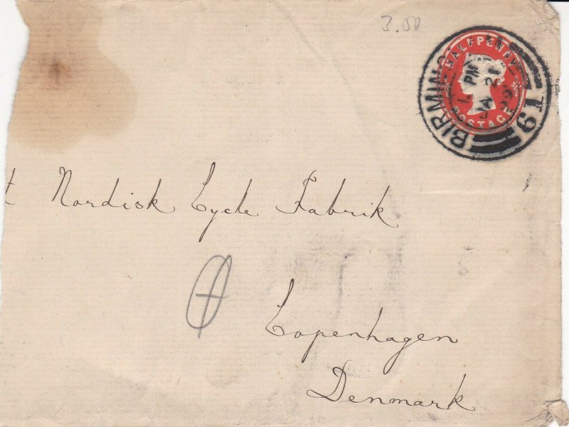 Britain 1899 Birmingham Cancel Embossed Stamp Part Cover to Denmark Ref 45639