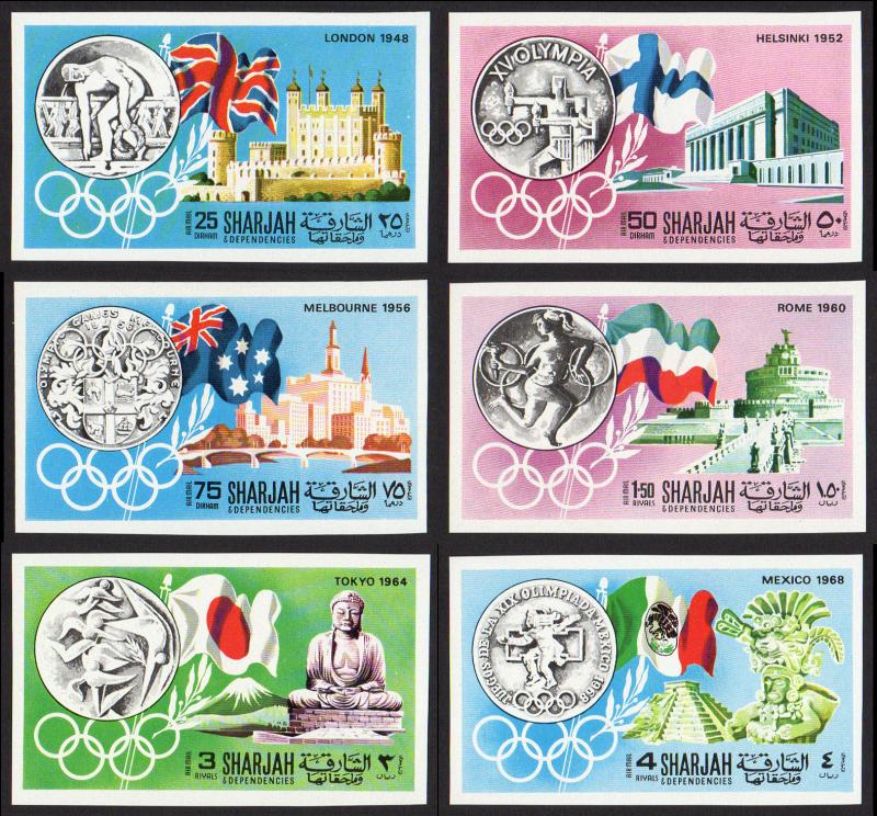 Sharjah Mi #496B-501B set/6 mnh - 1968 Olympic games summer host cities - imperf