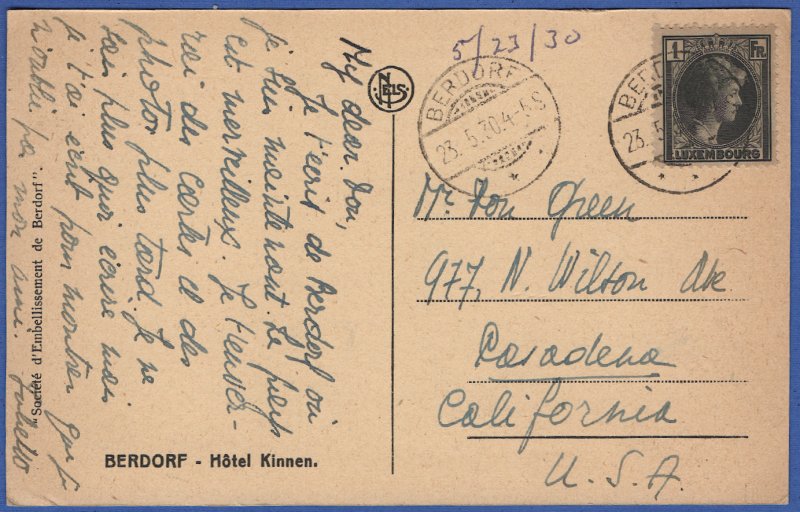 LUXEMBOURG 1930 1 Fr on BERDORF ppc, used to USA