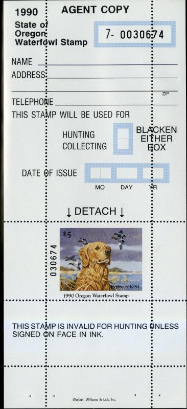 US OREGON STATE WATERFOWL HUNTING STAMP 1989 MNH SCV $14.50 BIN $7.25