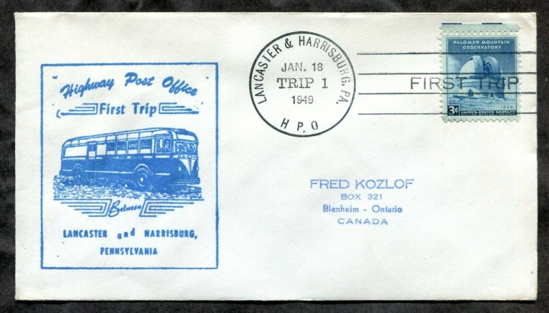 d47 - HPO Cover 1949 First Trip LANCASTER and HARRISBURG PA