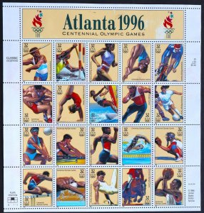 US Used #3068 32c Atlanta Olympics Sheet of 20. CDS Cancel. Choice!