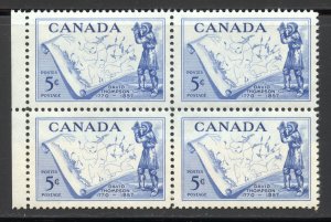 Canada Scott 370 MNHOG Block of 4 - 1957 David Thompson Issue - SCV $1.40