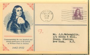 US 724 1932 3c William Penn on a Linprint FDC with the Delaware Chamber of Commerce rubber stamp (William L Gibson on the revers