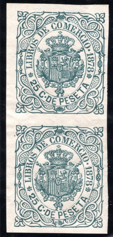 Cuba, Commercial Records, #58, 25c, vertical pair, imperf, Revenue Stamp