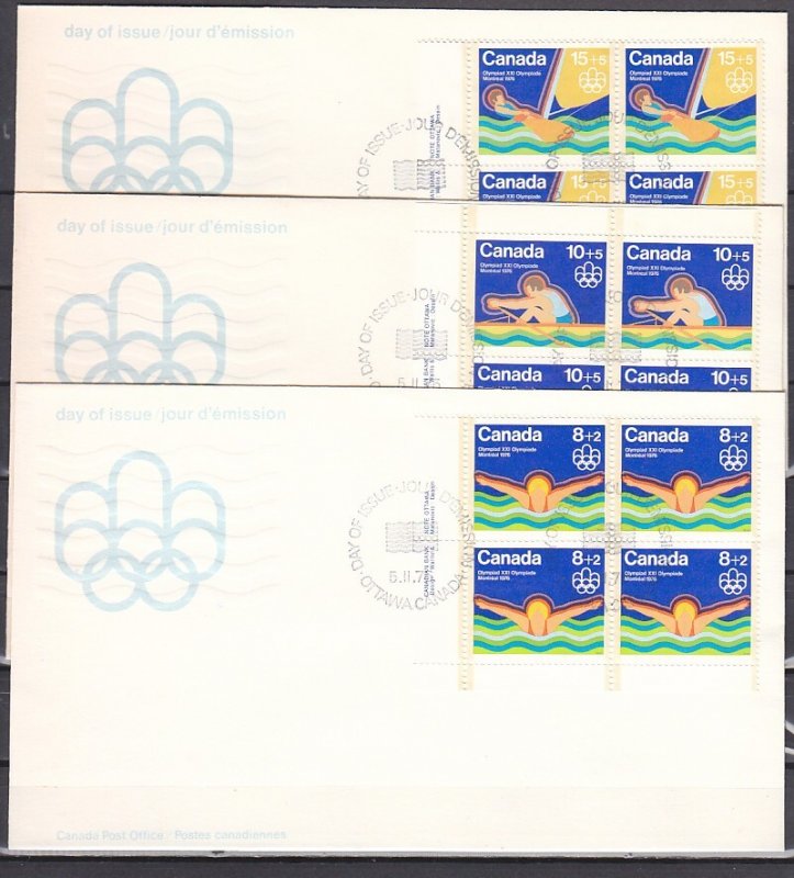 Canada, Scott cat. B4-B6. Montreal Olympics, Blocks of 4. 3 First day covers. ^