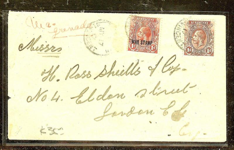 ST VINCENT (P2104B)  1916  WAR STAMP +1D TO LONDON