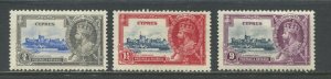 Cyprus KGV 1935 Silver Jubilee 3/4, 1 1/2, and 9 piastres mint o.g. hinged