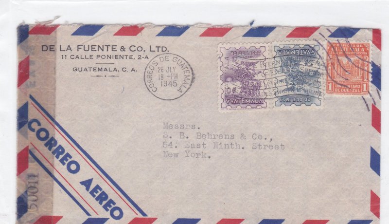 guatemala to u.s.  1945  censor  air mail stamps cover ref r15482 