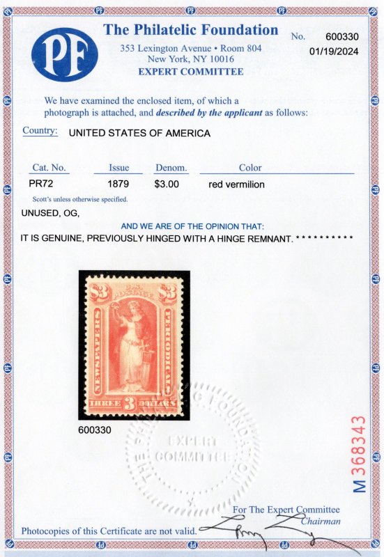 Scott PR72 MINT OG HINGED, Newspapers/Periodicals, PF Certified