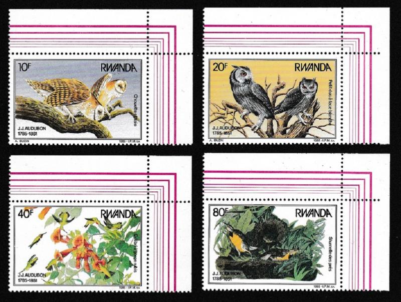 Rwanda Birds Owls J. J. Audubon 4v Corners with margins SG#1237-1240