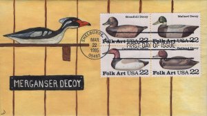 D Edition Hand Painted FDC for the 1985 Duck Decoys issue (Block of 4)