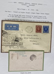 1935 Norwich England First Flight Airmail Cover To Budapest Hungary Imperial Air