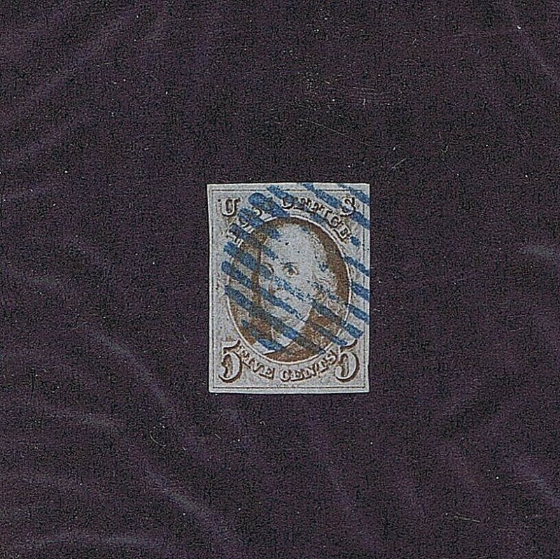 SC# 1 USED 5C FRANKLIN 1847 RARE 10 BAR BLUE CANCEL, 4 NICE MARGINS 2019 PF CERT