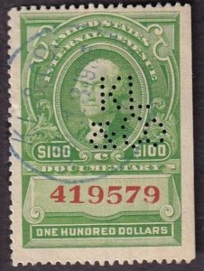 US R248 (used, perfin) $100 G. Washington, Documentary stamp, grn & red (1917)