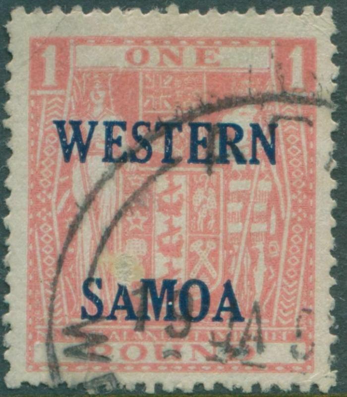 Samoa 1955 SG234 pink £1 Arms fiscal with ovpt with thin spot on front FU