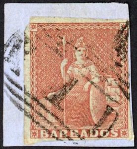 Barbados SG5 (4d) Brownish Red Four margins (close) Cat 275 pounds