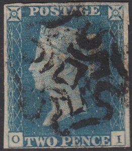 Great Britain 1840 used Sc #2 2p Victoria, blue Position OI 4 margins