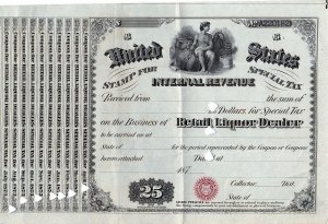 1870's $25 U.S. Internal Revenue, Dealer License Retail Liquor Special T...