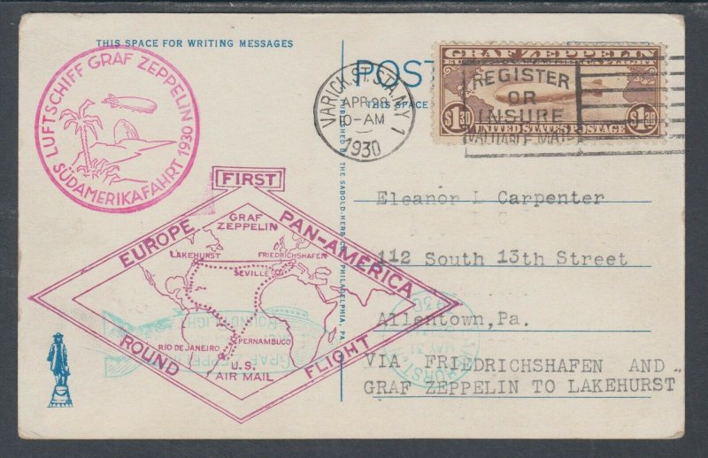 US Sc C14 on 1930 Graf Zeppelin Flight Card, First Europe Pan-America Round Trip