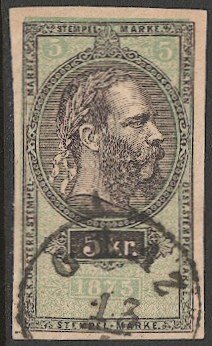 AUSTRIA  1875 5kr  Revenue Stamped Paper, cut-out with GRAZ postmark/cancel