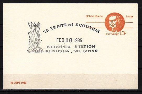 United States, 1985 issue. 16/FEB/85. 75 Years of Scouting cancel, Postal card.