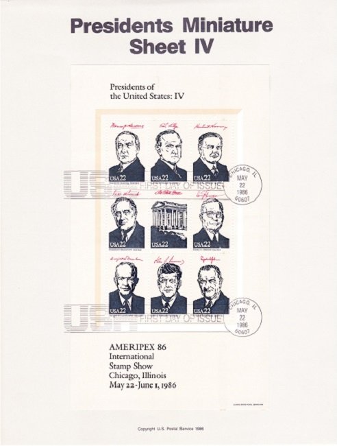 US SP748 - SP751 set of 4 AMERIPEX Presidents Souvenir Pages #2216 - 2219