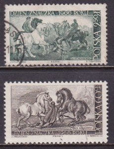 Poland 1966 Sc 1448-9 Stableman Percherons Horses Dogs Michalowski Art Stamp CTO