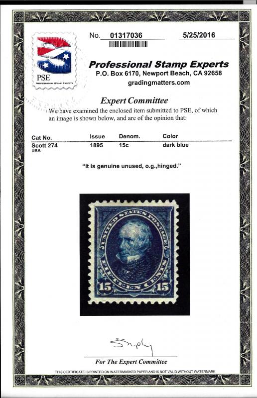 274 Mint,OG,H... PSE Cert... SCV $200.00