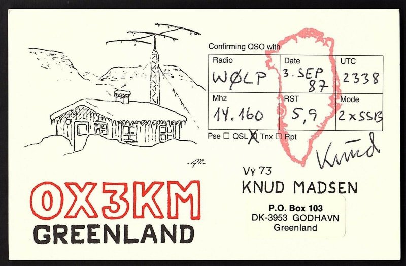 QSL QSO RADIO CARD OX3KM,Greenland,Knud Madsen,1987, Godhavn,Greenland (Q2271)