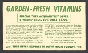 1950 POSTAL CARD CHICAGO IL NUTRITION ENTERPRISES OFFFERS GARDEN FRESH VITAMINS