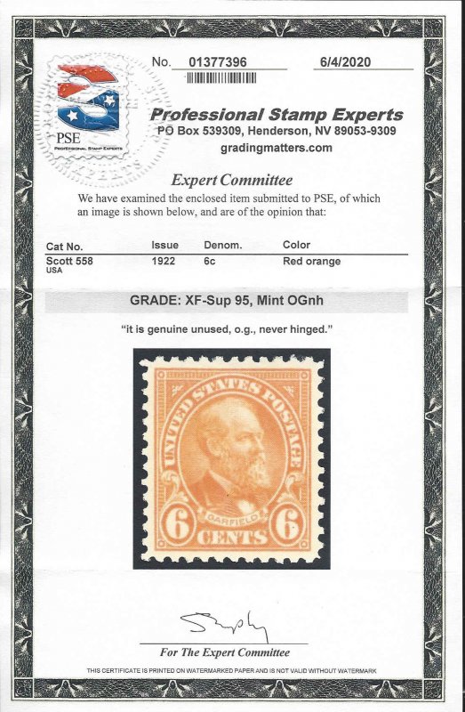 558 Mint,OG,NH... PSE Graded 95 XF-Superb... SMQ $300.00