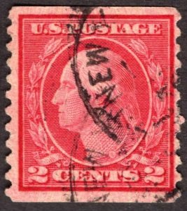 1916 US 2c, Washington, Used, Print imperfections error on nose and face, Sc 492