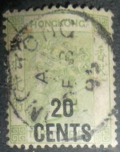 China Hong Kong Scott #52 SG 45 20c on 30c Yellsh Grn 1885 HI CV w/SON Cancel