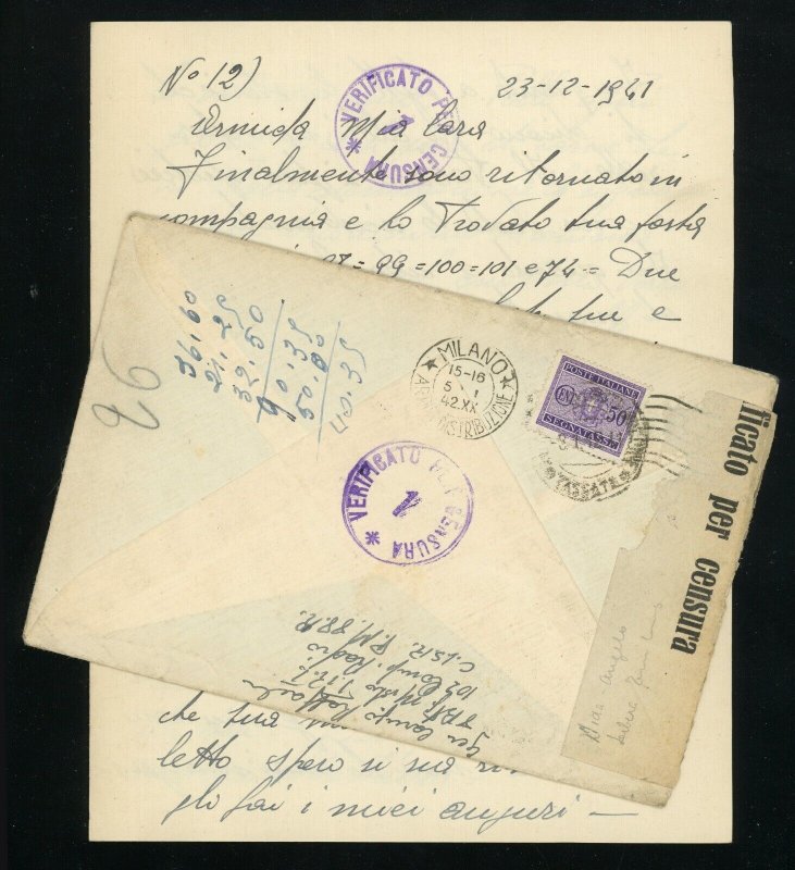 Italy Milan 1941 Military Mail Censor Verified Cover Postage with Letter WWII