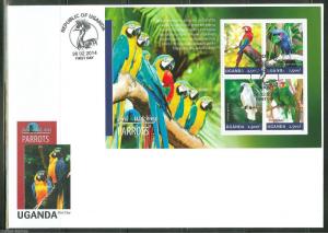 UGANDA 2014 PARROTS SHEET FIRST DAY COVER