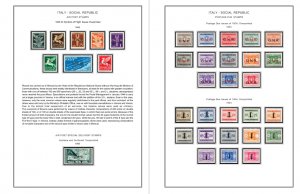 COLOR PRINTED ITALY RSI + AMG 1943-1947 STAMP ALBUM PAGES (18 illustrated pages)