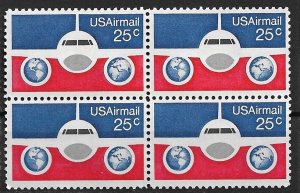 1976 #C89 25¢ Plane & Globes block of 4 MNH