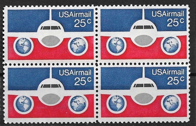 1976 #C89 25¢ Plane & Globes block of 4 MNH