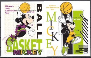 Nevis, Scott cat. 1122-1123. Disney`s Mickey Mouse & Basketball s/sheets.