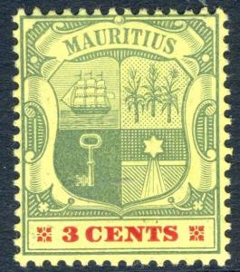 MAURITIUS-1904-07 3c Green & Carmine/Yellow Sg 166 LIGHTLY MOUNTED MINT V18821