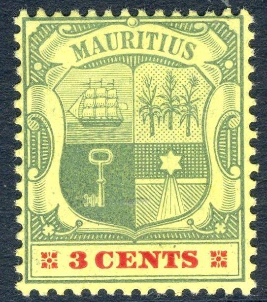 MAURITIUS-1904-07 3c Green & Carmine/Yellow Sg 166 LIGHTLY MOUNTED MINT V18821