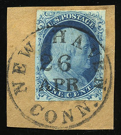 Scott #9 on piece. New Haven, Conn cancel. Pos. 84R1L. With 2011 APS cert.