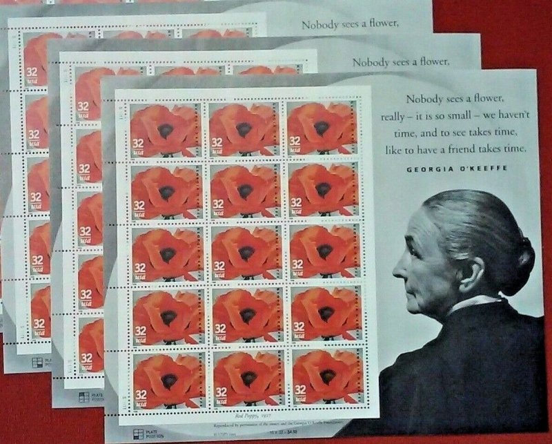 Three Souvenir Sheets x 15 = 45 of GEORGIA O'KEEFFE 32¢ US Postage Stam...