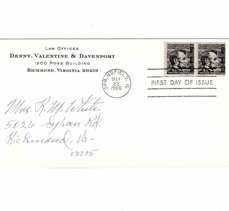 USA 1966 Sc 1303 FDC First Day Cover Lincoln Springfield IL to Richmond VA