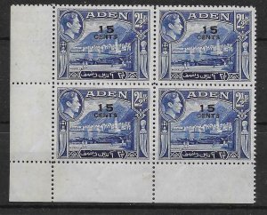 ADEN SG38a 1951 15c ON 2a OVPT DOUBLE VARIETY BLK OF 4  MNH