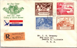 1949 Sandakan North Borneo Air maill FDC Cover to Peoria Illinois USA