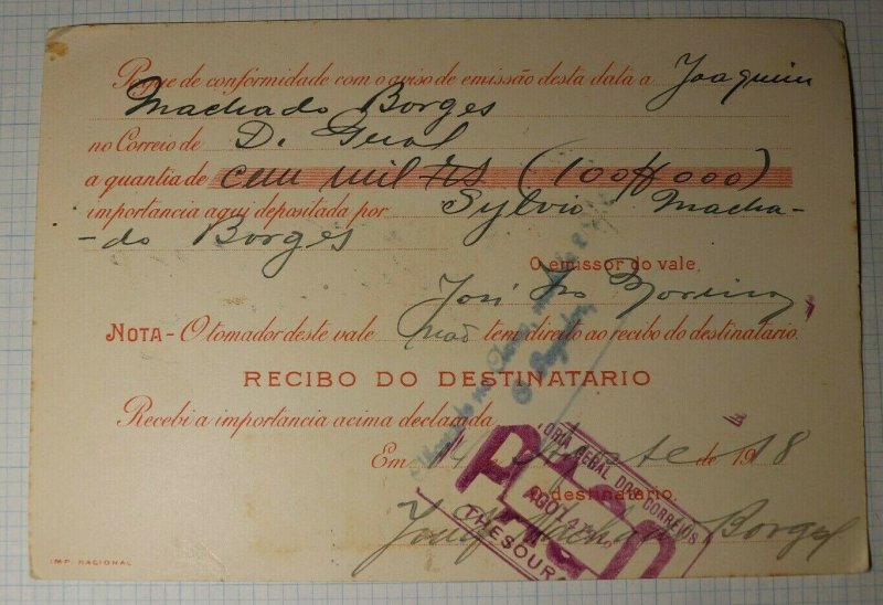 Brazil POstal Receipt Card Deposit 1918 Money Order SC# 193 Revenue Fee 100,000