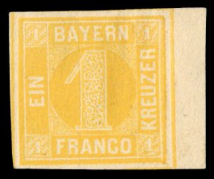 German States, Bavaria #9 Cat$80, 1862 1kr yellow, sheet margin single, hinge...